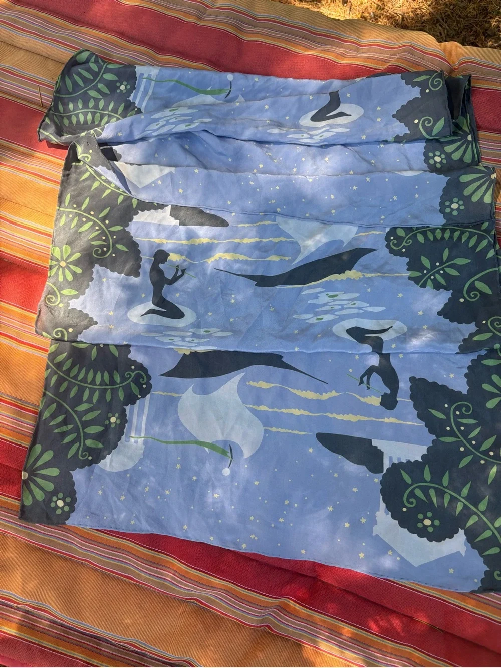 Sky Blue Scarf with Mermaid & Whale Silhouettes and Green Leaf Borders